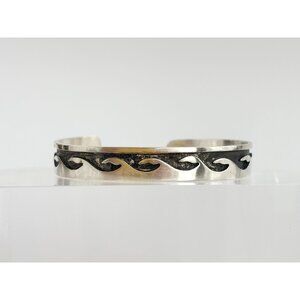 Hopi Overlay Pewter Silver T Wave Patterned Open Cuff Vintage Bangle Bracelet